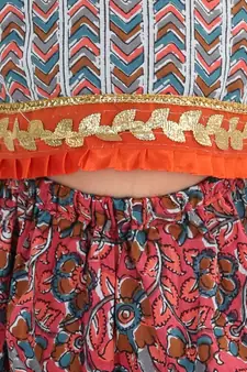 Kalamkari Print Cold Shoulder Lehenga Choli- Red