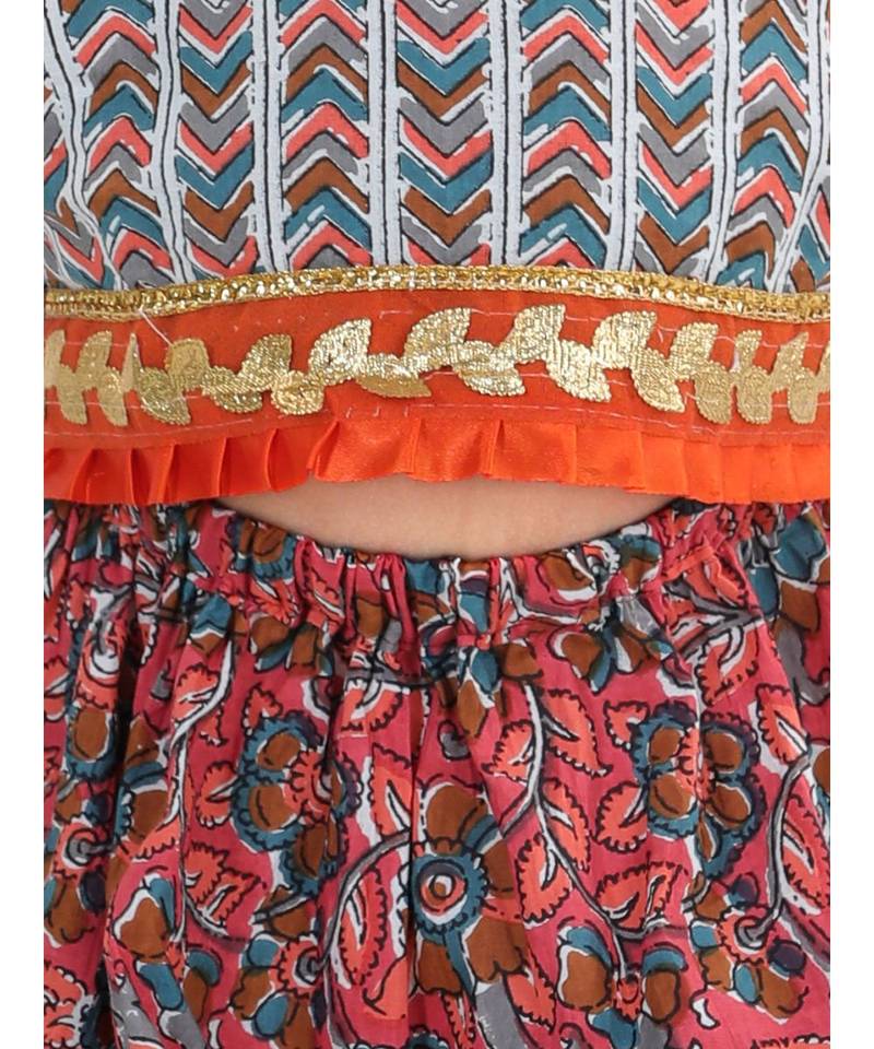 Kalamkari Print Cold Shoulder Lehenga Choli- Red