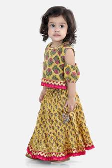 Block Print Cold Shoulder Lehenga Choli- Yellow