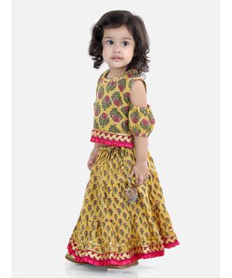Block Print Cold Shoulder Lehenga Choli- Yellow 1