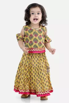 Block Print Cold Shoulder Lehenga Choli- Yellow