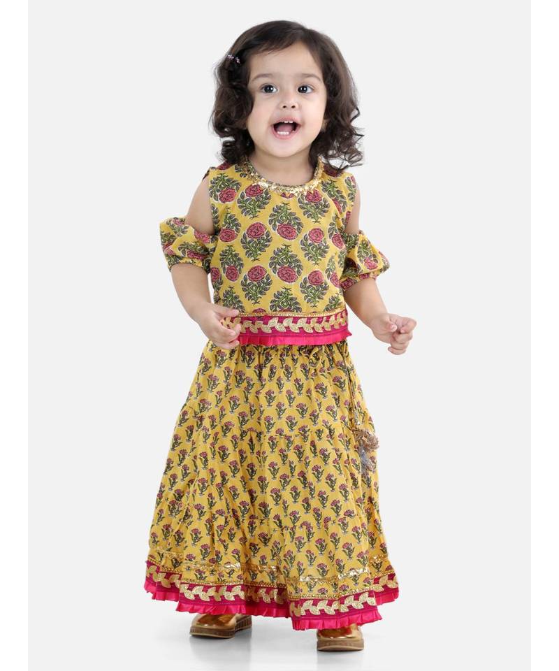 Block Print Cold Shoulder Lehenga Choli- Yellow