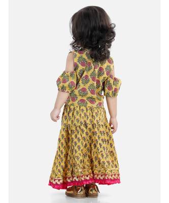 Block Print Cold Shoulder Lehenga Choli- Yellow 3