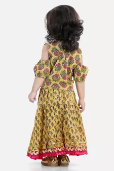 Block Print Cold Shoulder Lehenga Choli- Yellow