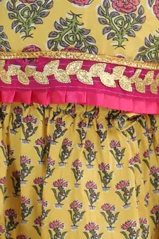 Block Print Cold Shoulder Lehenga Choli- Yellow
