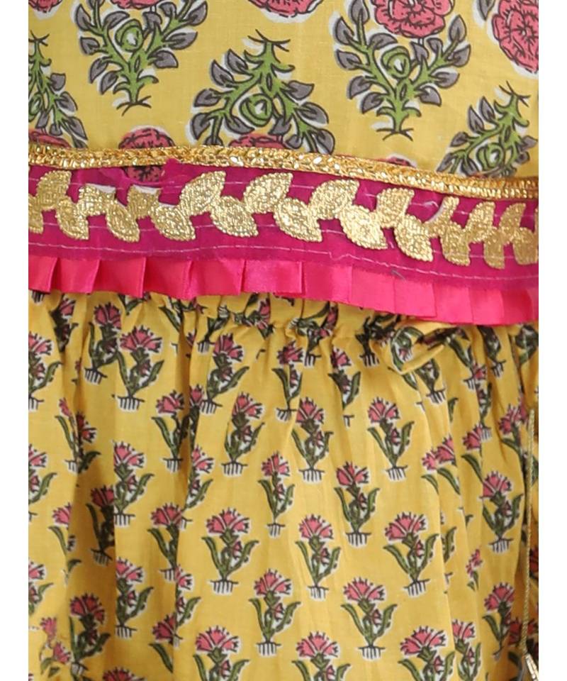 Block Print Cold Shoulder Lehenga Choli- Yellow