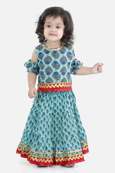 Block Print Cold Shoulder Lehenga Choli- Blue