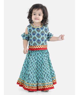 Block Print Cold Shoulder Lehenga Choli- Blue 1