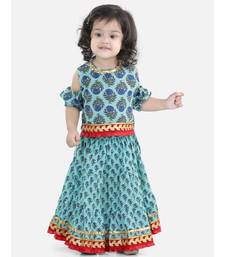 Block Print Cold Shoulder Lehenga Choli- Blue