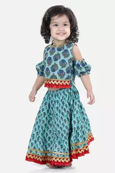 Block Print Cold Shoulder Lehenga Choli- Blue