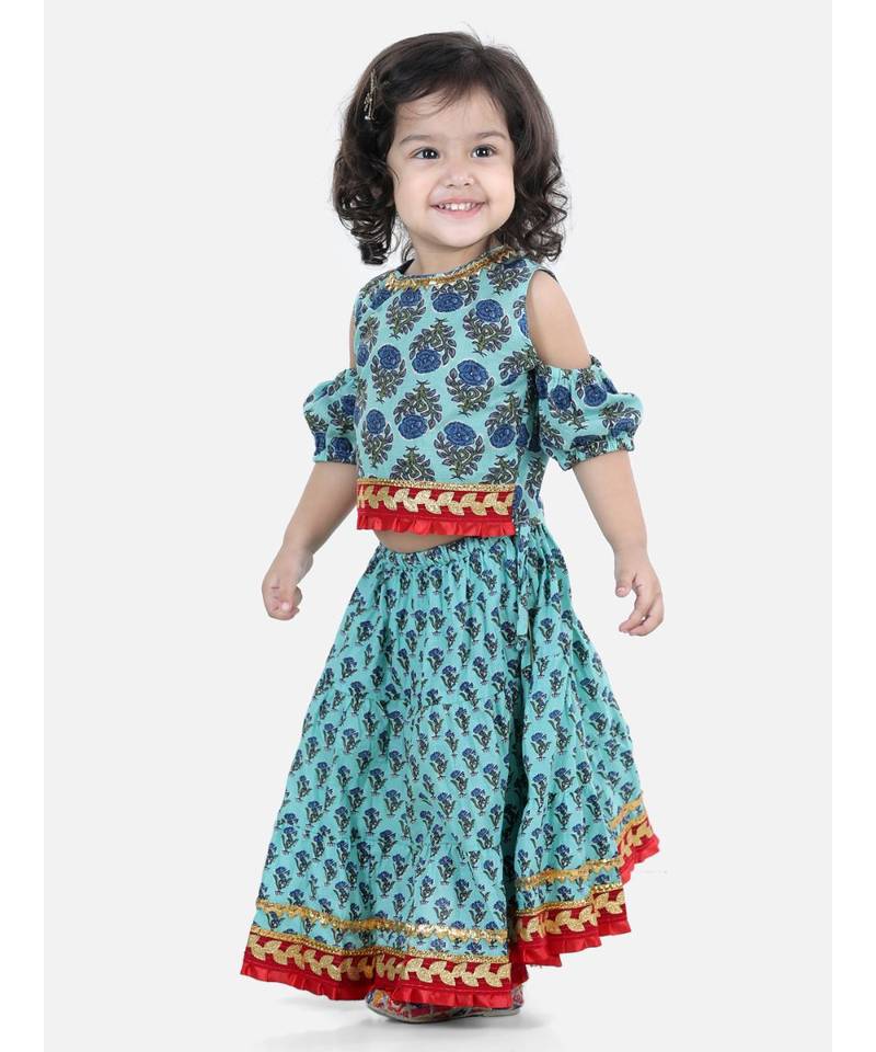 Block Print Cold Shoulder Lehenga Choli- Blue