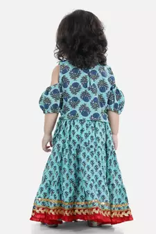 Block Print Cold Shoulder Lehenga Choli- Blue