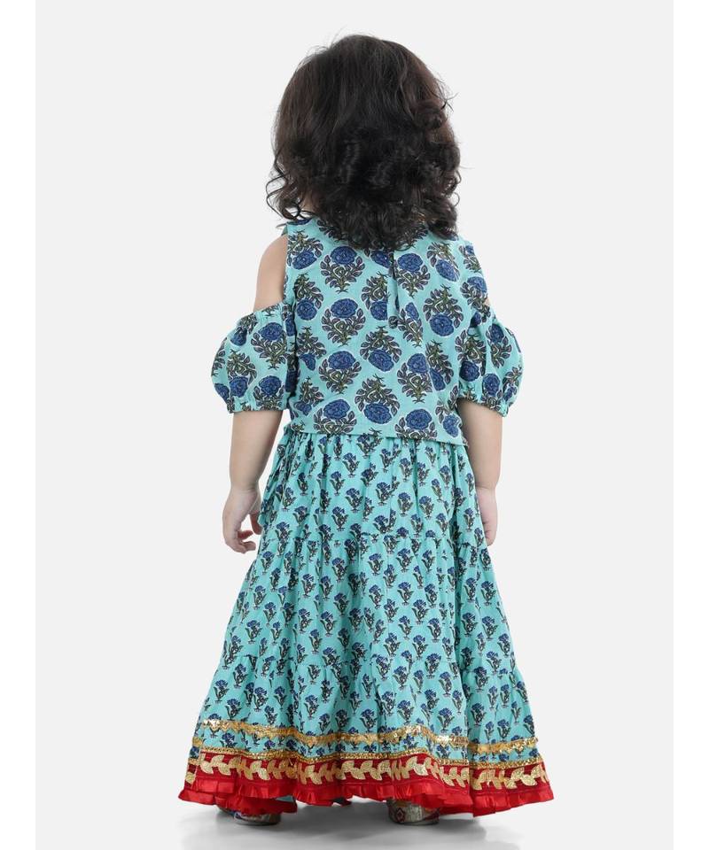 Block Print Cold Shoulder Lehenga Choli- Blue