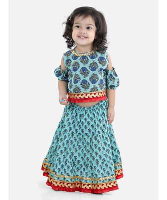 Block Print Cold Shoulder Lehenga Choli- Blue 4