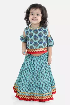 Block Print Cold Shoulder Lehenga Choli- Blue
