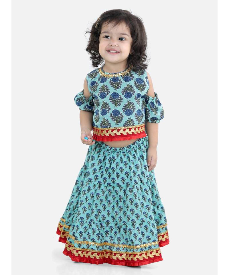 Block Print Cold Shoulder Lehenga Choli- Blue