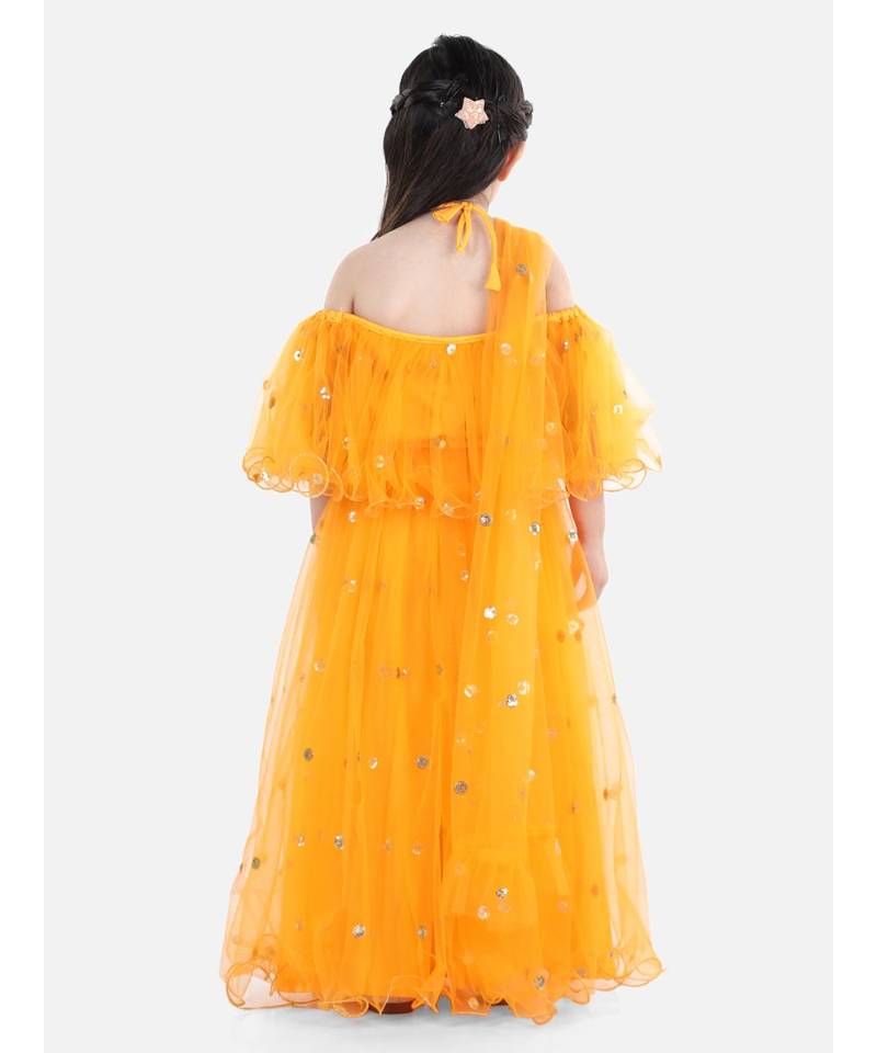 Sequin Net Lehenga with Ruffle Choli- Yellow