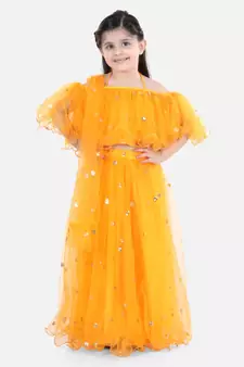 Sequin Net Lehenga with Ruffle Choli- Yellow