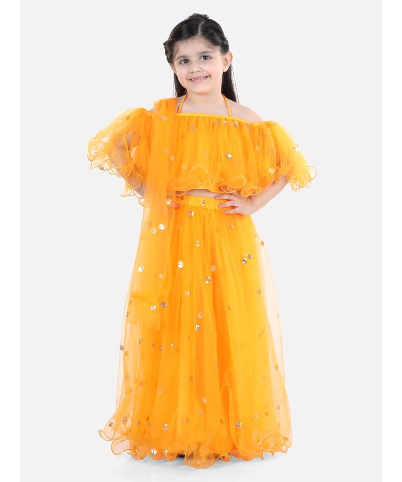 Sequin Net Lehenga with Ruffle Choli- Yellow