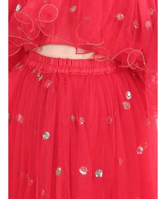 Sequin Net Lehenga with Ruffle Choli- Red 2