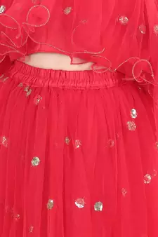 Sequin Net Lehenga with Ruffle Choli- Red