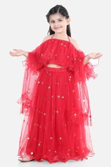 Sequin Net Lehenga with Ruffle Choli- Red