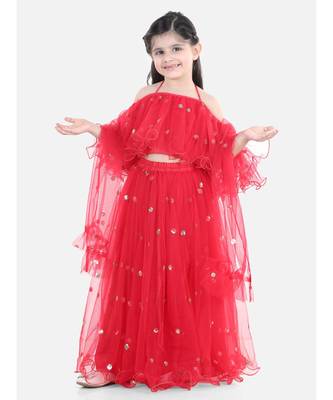 Sequin Net Lehenga with Ruffle Choli- Red 1