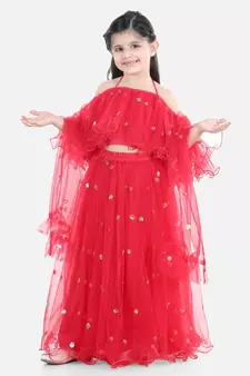 Sequin Net Lehenga with Ruffle Choli- Red