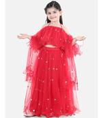 Sequin Net Lehenga with Ruffle Choli- Red