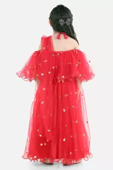 Sequin Net Lehenga with Ruffle Choli- Red
