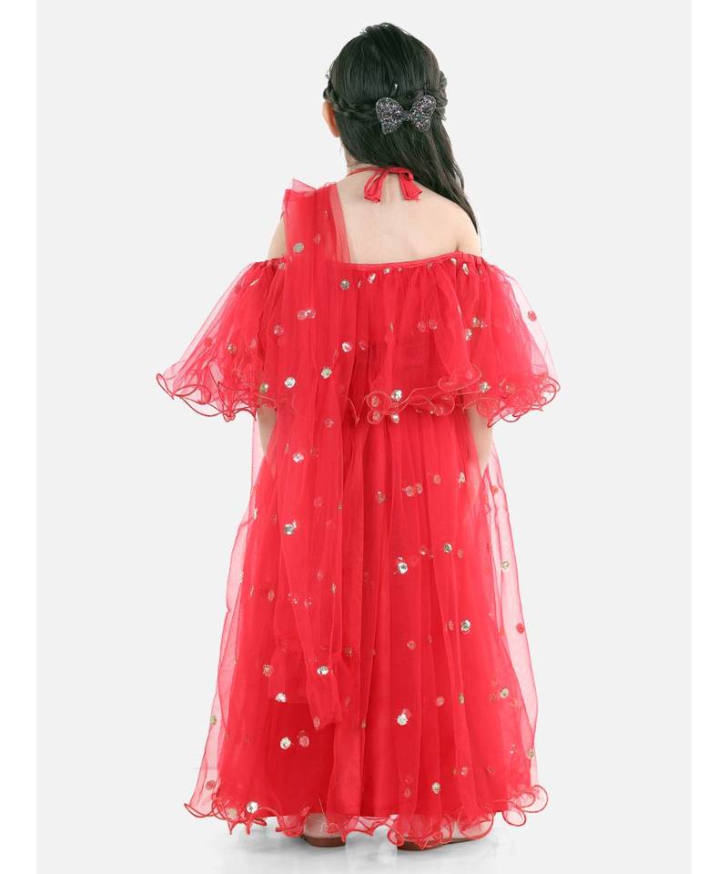 Sequin Net Lehenga with Ruffle Choli- Red