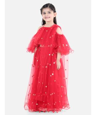 Sequin Net Lehenga with Ruffle Choli- Red 4