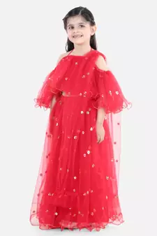 Sequin Net Lehenga with Ruffle Choli- Red