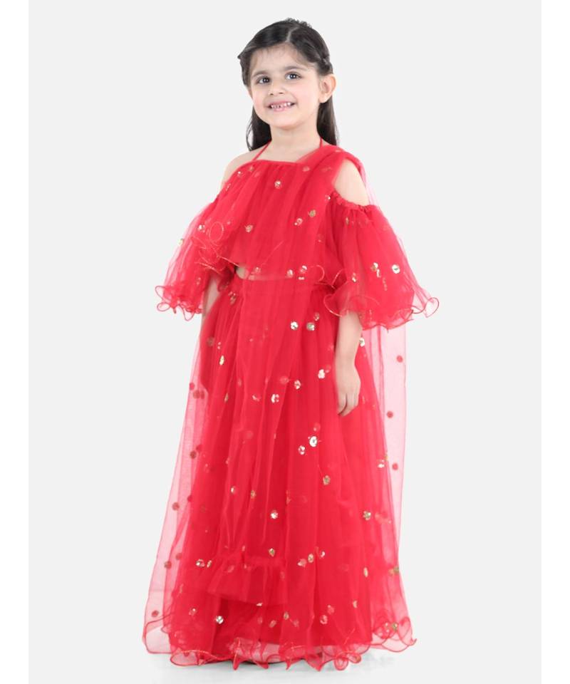 Sequin Net Lehenga with Ruffle Choli- Red