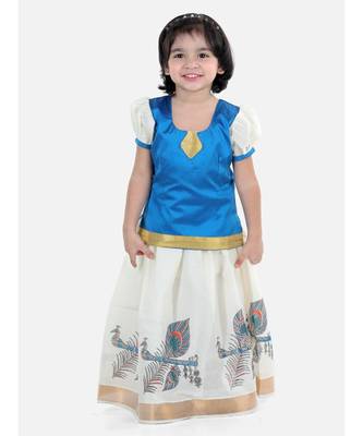 Girls Half Sleeve South Indian Printed Pavda Pattu Lehenga- Blue 1