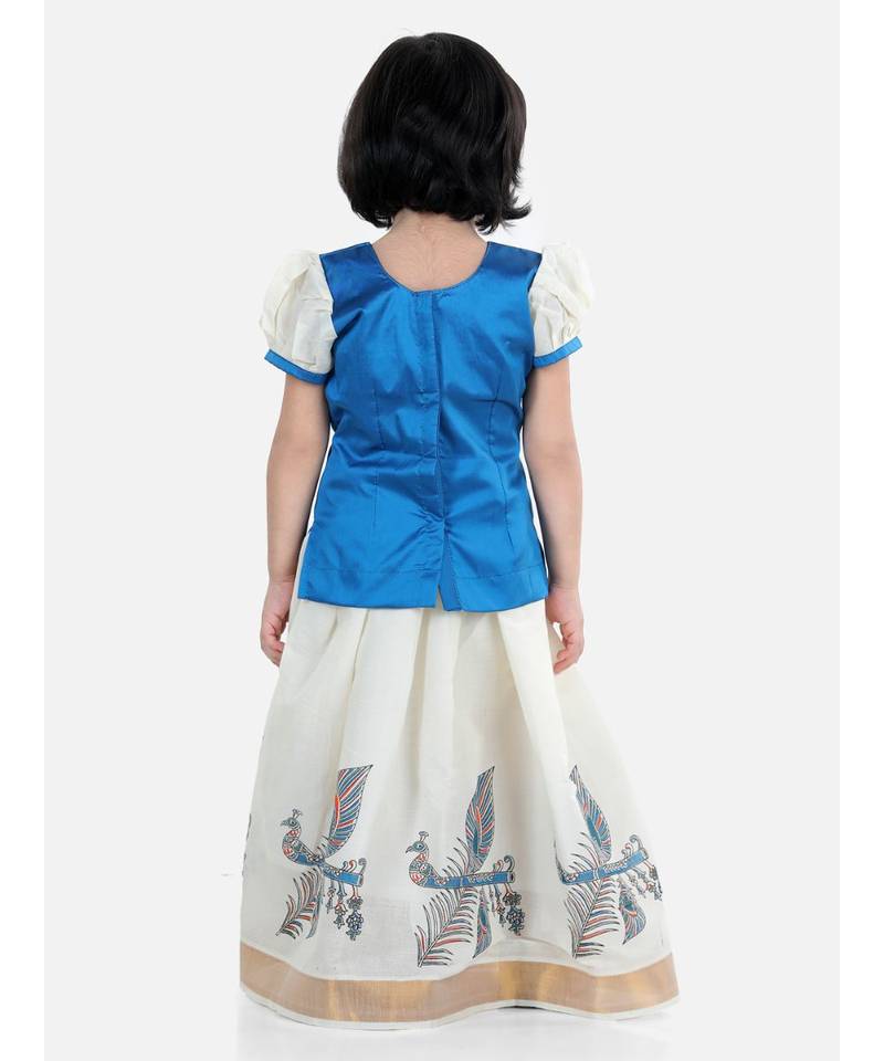 Girls Half Sleeve South Indian Printed Pavda Pattu Lehenga- Blue