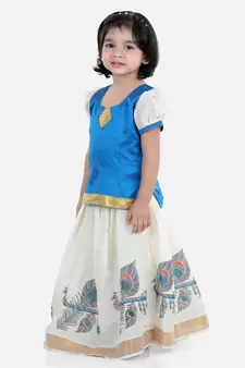 Girls Half Sleeve South Indian Printed Pavda Pattu Lehenga- Blue