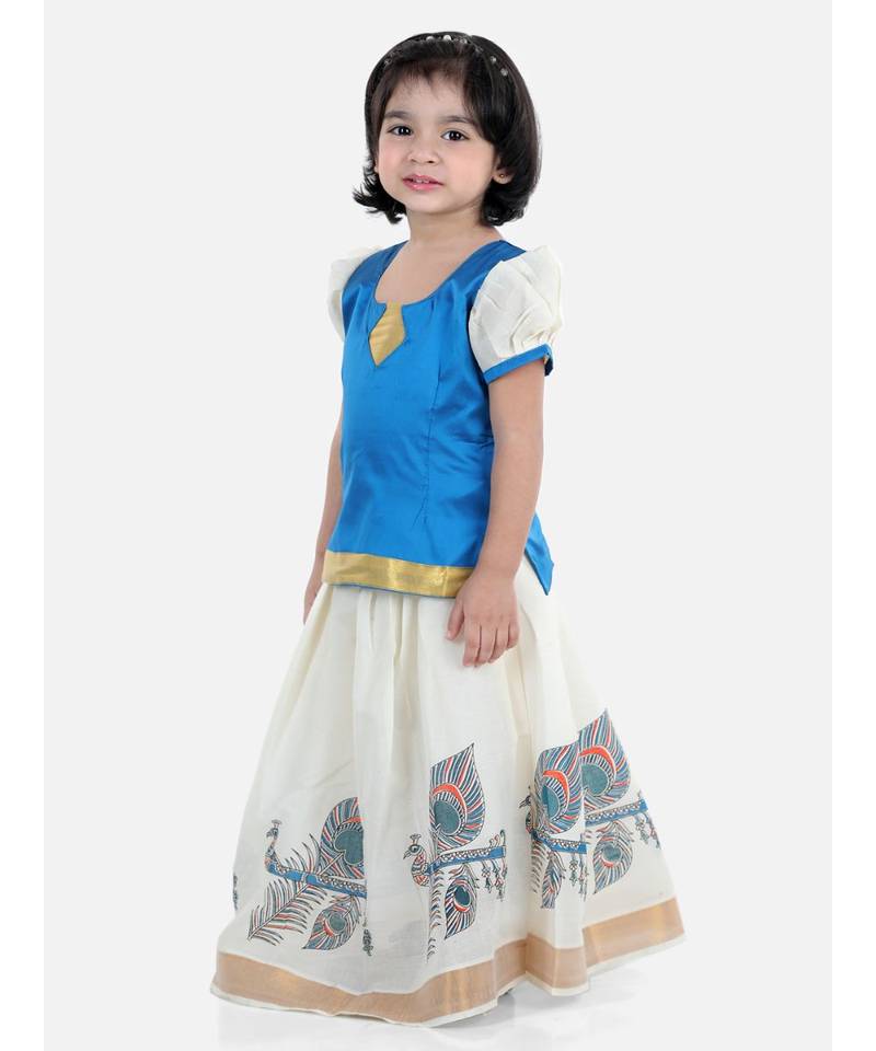 Girls Half Sleeve South Indian Printed Pavda Pattu Lehenga- Blue