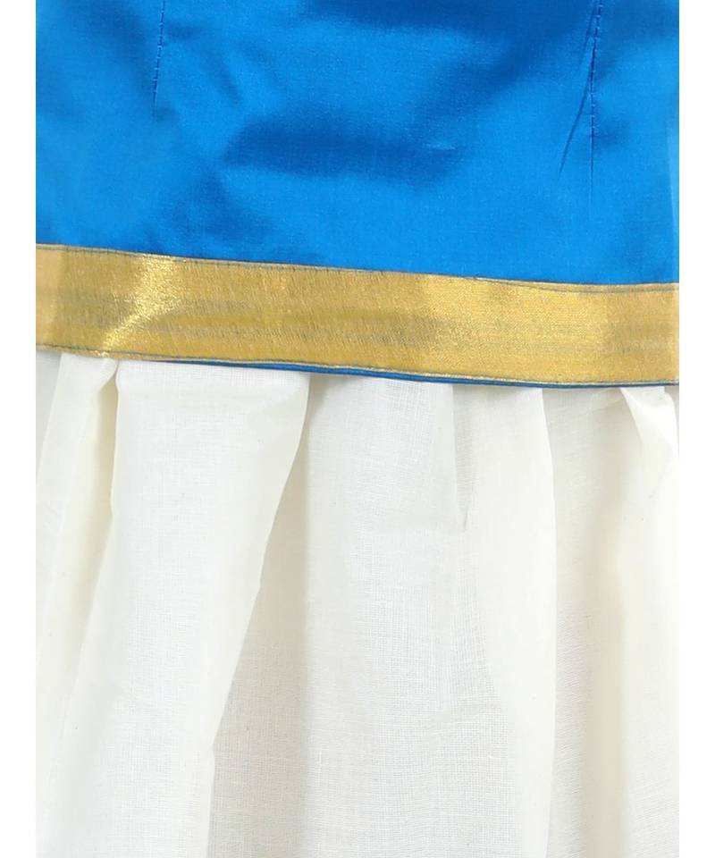 Girls Half Sleeve South Indian Printed Pavda Pattu Lehenga- Blue