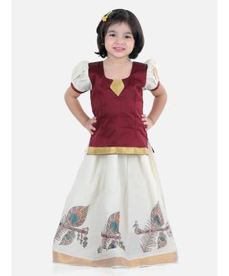 Girls Half Sleeve South Indian Printed Pavda Pattu Lehenga- Maroon 1