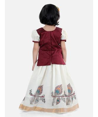 Girls Half Sleeve South Indian Printed Pavda Pattu Lehenga- Maroon 2