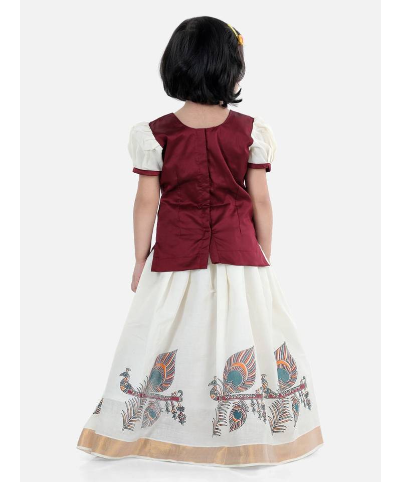 Girls Half Sleeve South Indian Printed Pavda Pattu Lehenga- Maroon
