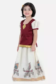 Girls Half Sleeve South Indian Printed Pavda Pattu Lehenga- Maroon