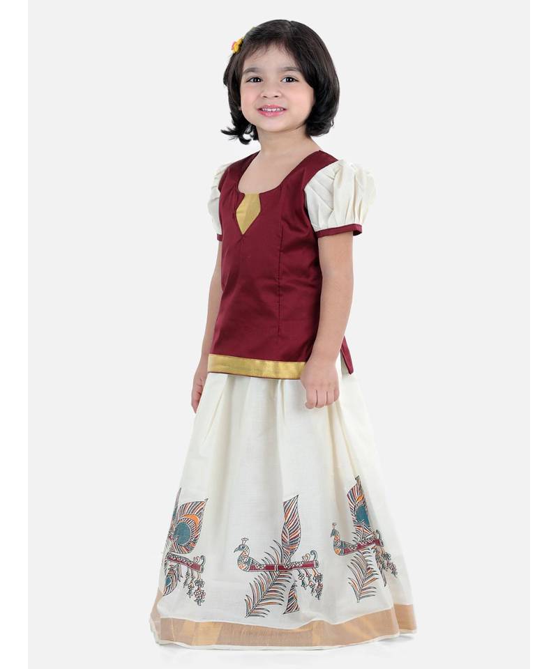 Girls Half Sleeve South Indian Printed Pavda Pattu Lehenga- Maroon