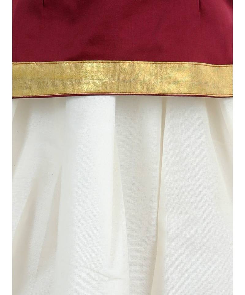 Girls Half Sleeve South Indian Printed Pavda Pattu Lehenga- Maroon