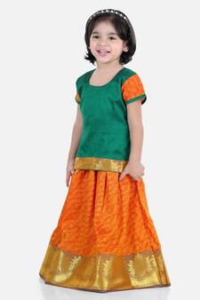 Girls Half Sleeve South Indian Pavda Pattu Lehenga- Green