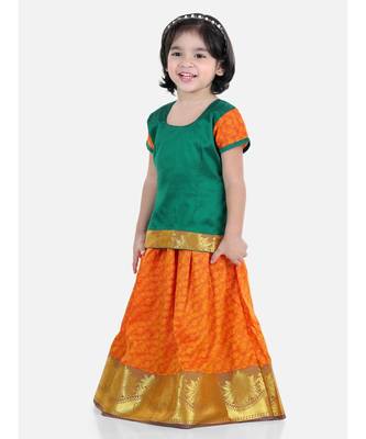 Girls Half Sleeve South Indian Pavda Pattu Lehenga- Green 1
