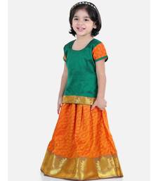 Girls Half Sleeve South Indian Pavda Pattu Lehenga- Green