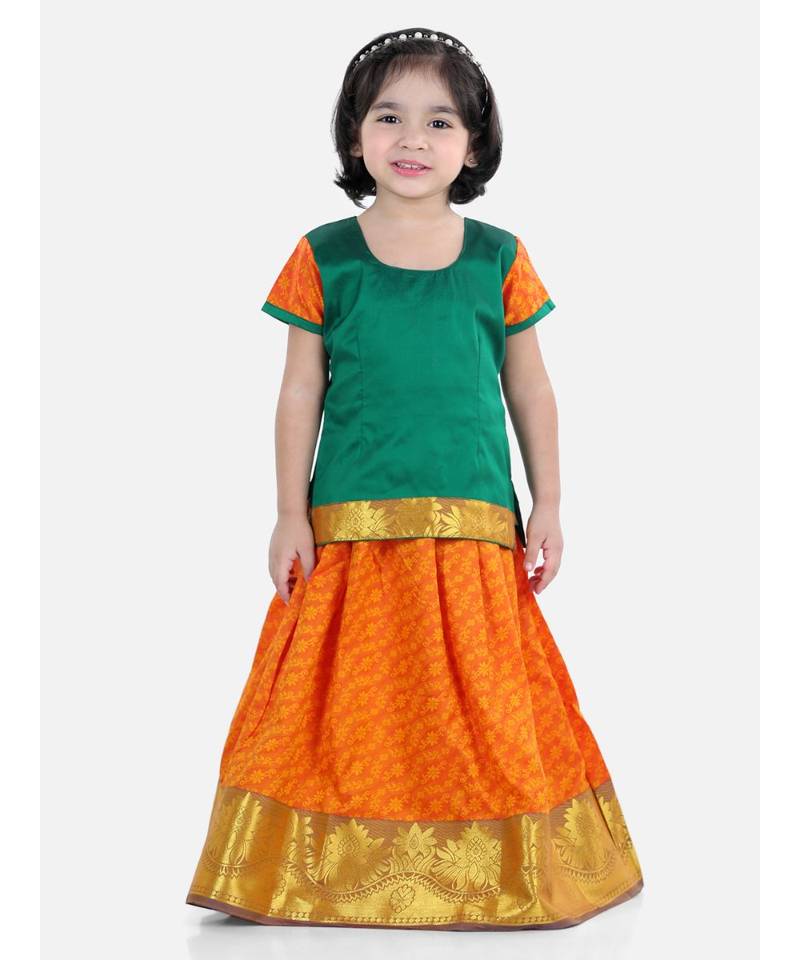 Girls Half Sleeve South Indian Pavda Pattu Lehenga- Green