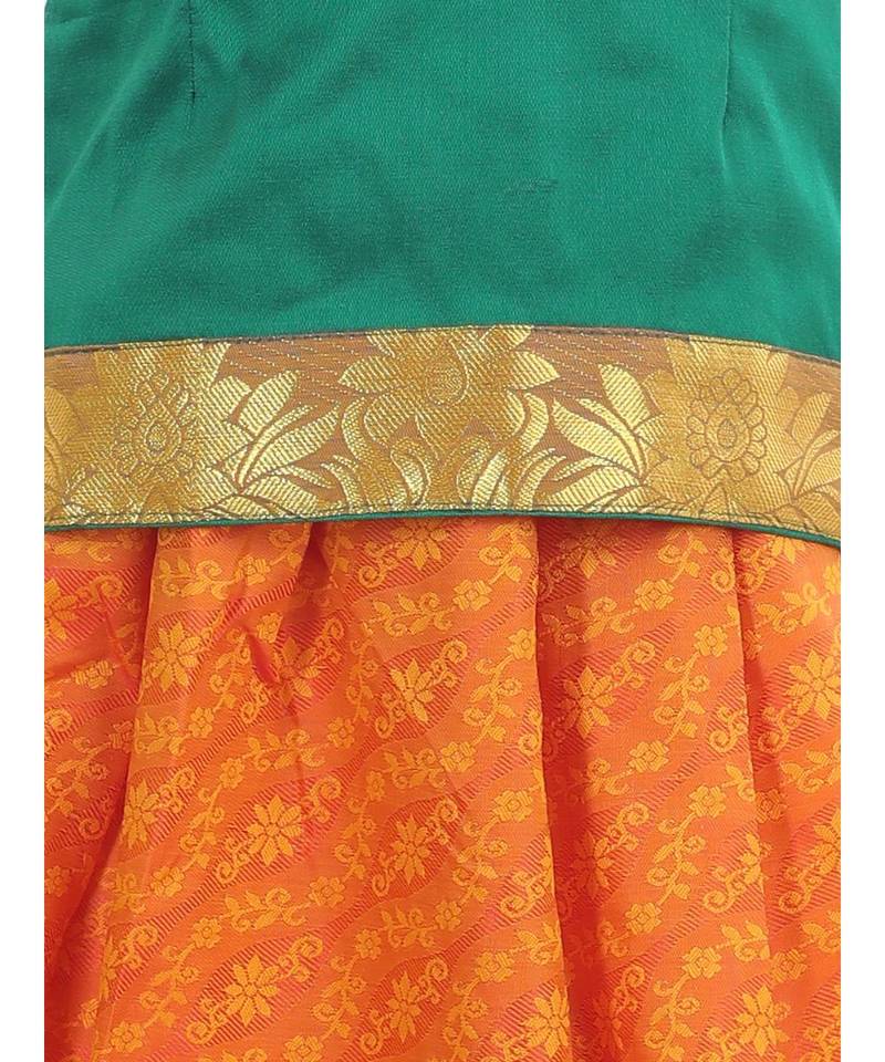 Girls Half Sleeve South Indian Pavda Pattu Lehenga- Green